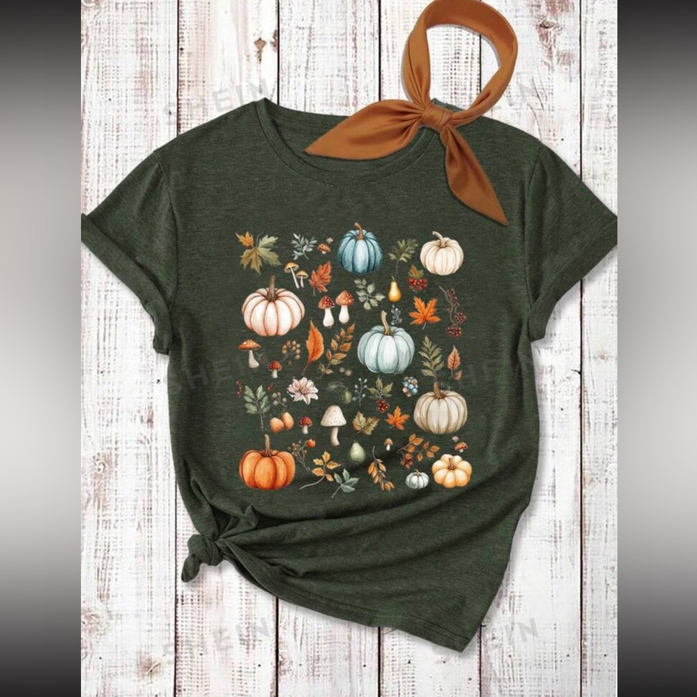 Fall shirt with pumpkins & mushrooms New